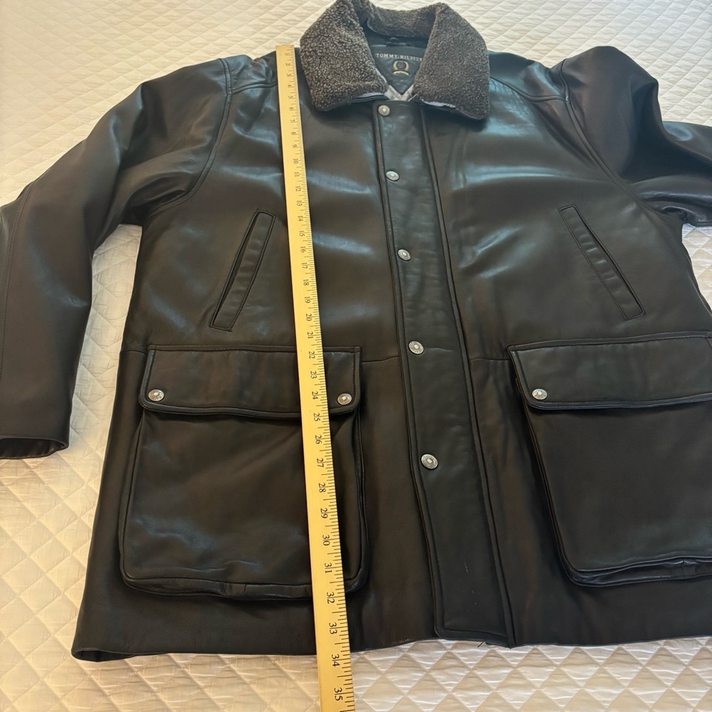 Vintage Tommy Hilfiger Black Leather Bomber Jacket Coat Shearling Collar Mens XL - Picture 12 of 16